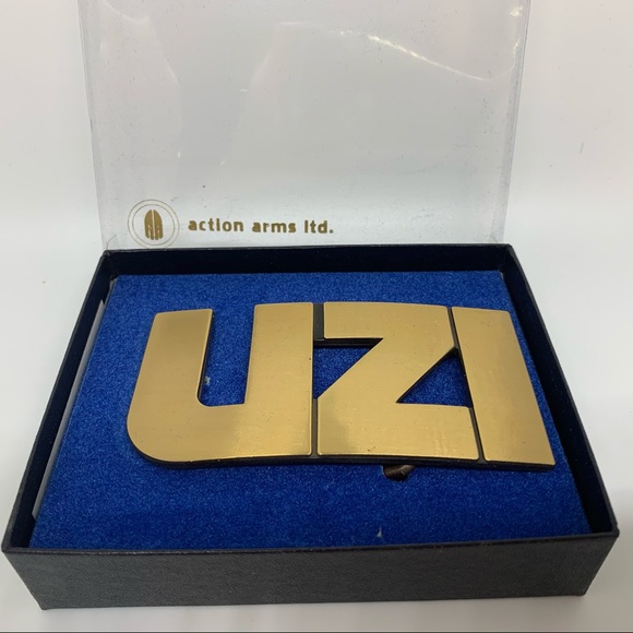 ACTION ARMS LTD. Other - BUCKLE VTG 1970's SOLID BRASS "UZI" LOGO BELT NIB